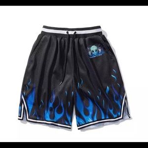 Black and blue flame basketball shorts